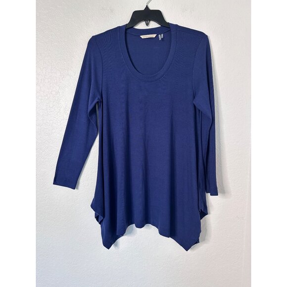 Soft Surroundings Tunic Top Size XL Tee Blue  Asymmetrical Hem Round Neck - Picture 1 of 4